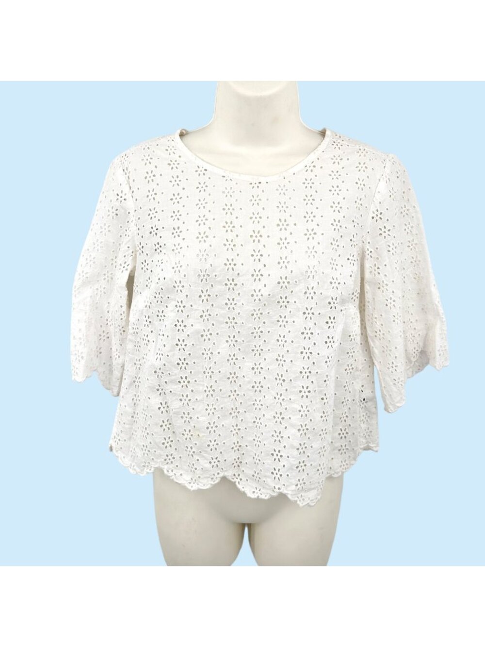 AERIE FLORAL EYELET SCALLOPED EDGE WHITE TOP - XS